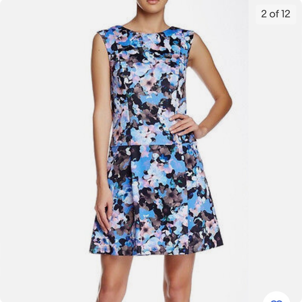 Cece by Cynthia Steffe Blue Scuba Floral Print A-Line Party Dress